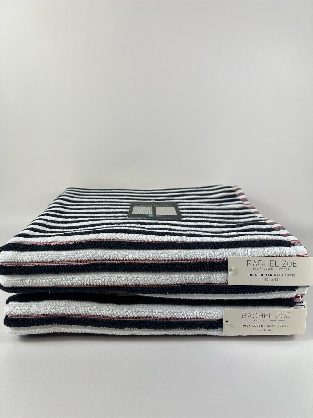 Rachel Zoe Bath Towels Reversible Navy, White and Red Striped Cotton 2 Pc NEW